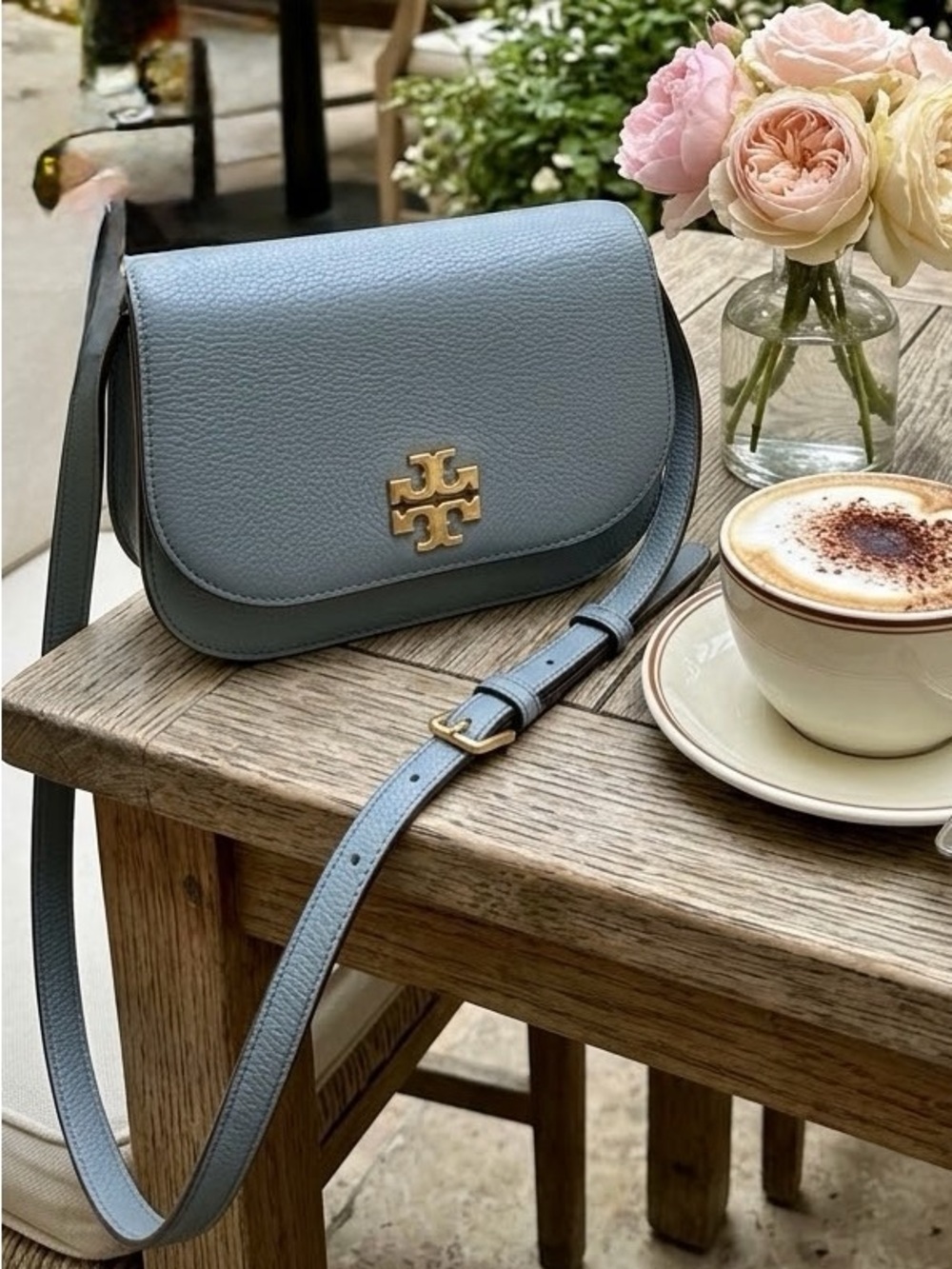 Tory Burch Britten Pebbled Leather Adjustable Crossbody Saddle Bag Blue Gold